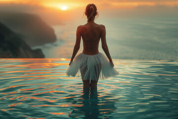 Fototapeta premium Ballerina on Pool Edge at Sunset