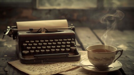 An old typewriter sits on a wooden table next to a cup of steaming tea. The typewriter is black and has a beige keyboard. - Powered by Adobe
