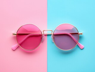 Sun glasses on a blue and pink background. Top view. Creative fashion concept. Modern design. 