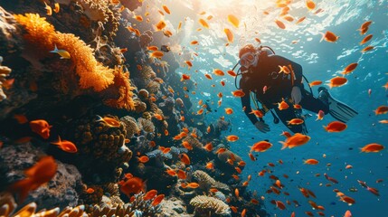 Diver exploring vibrant coral reefs with colorful fish, equipped with professional diving gear, in...