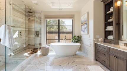 Bright bathroom with free-standing bath and shower. Modern interior design style.