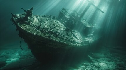 admiring a shipwreck beneath the waves, illuminated by rays of sunlight filtering through the water's surface