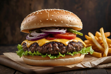 Fast food - Delicious hamburger with french fries on background