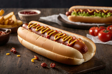 Fast food - hot dog on table, with mustard and ketchup
