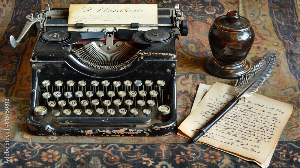 Poster an old typewriter sits on a desk. a quill pen rests on a piece of paper next to it. the background i