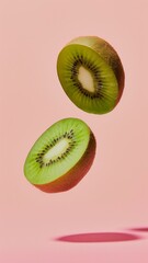 An kiwi cut in half isolated on pastel pink background flying during photo session. Creative concept for summer advertising. 