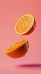 An orange cut in half isolated on pastel pink background flying during photo session. Abstract composition of summer wallpaper. 