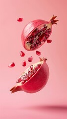 Pomegranate cut in half isolated on pastel pink background flying during photo session. Abstract composition of summer wallpaper. 