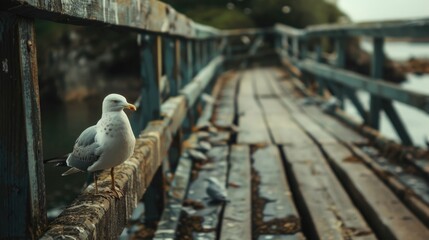 Seagull near an aged wooden bridge