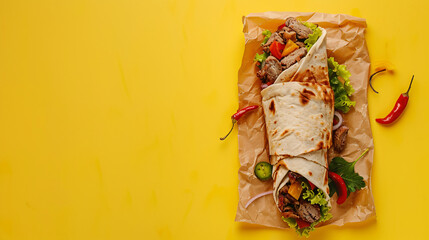 Baking paper with tasty shawarma on yellow background