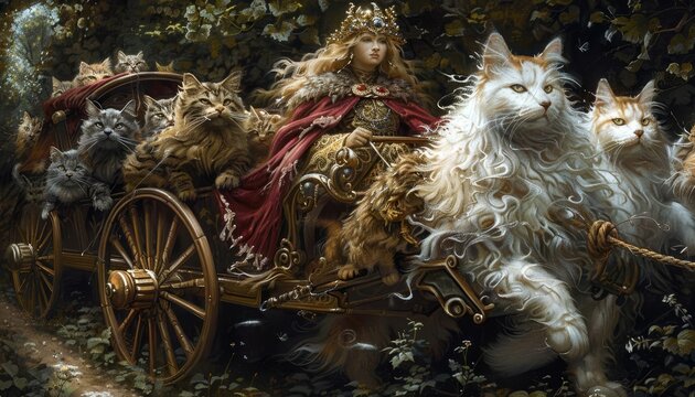 A detailed illustration of Freya, the goddess of love and beauty, in a chariot pulled by cats, through a lush, verdant forest