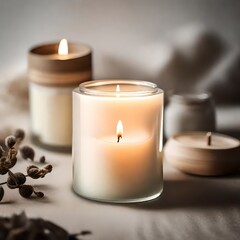 A close-up view of a glass candle jar filled with natural soy wax, releasing a subtle and soothing fragrance that fills the room with a sense of serenity