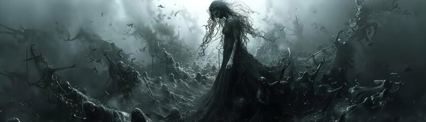 A haunting portrayal of Hel, the goddess of the underworld, in her dark and misty realm, surrounded by lost souls