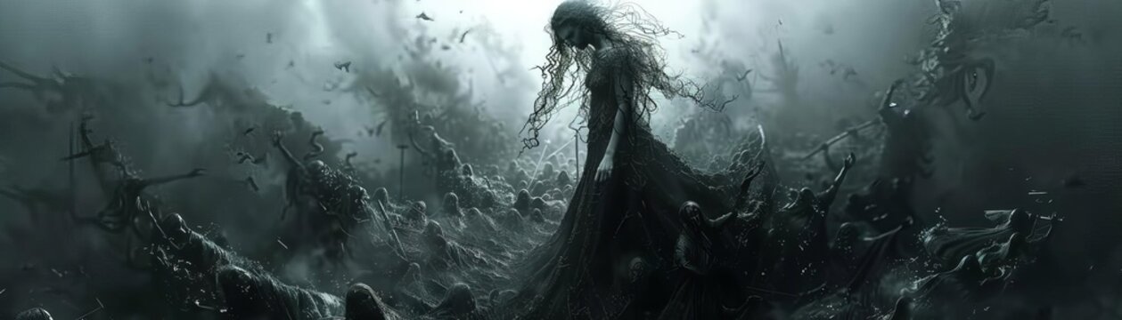 A haunting portrayal of Hel, the goddess of the underworld, in her dark and misty realm, surrounded by lost souls