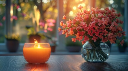 On a blurry room background, flowers in a vase and a candle are composed.
