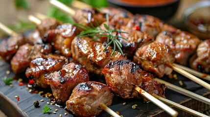 Barbecue skewers with juicy meat and sauce on table