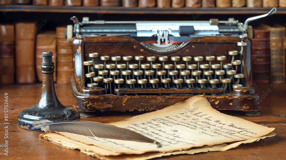 Poster an old typewriter sits on a wooden desk in front of a bookshelf. a quill pen rests on a stack of old