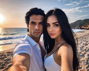 
Selfie of beautiful young man and woman on the seashore