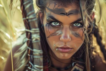 Close-up of a woman with tribal makeup and intense eyes in a natural setting