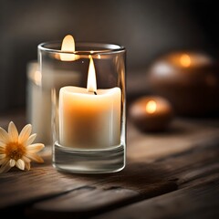 A macro shot of a glass candle holder with a scented candle, releasing fragrant aromas and adding a sense of calmness and tranquility to a space