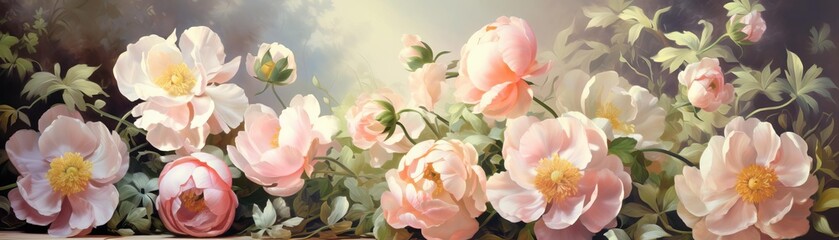 Sunlit vintage garden, floral arrangement with roses and peonies, soft focus, morning light