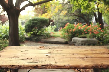 Wooden Table in Garden Setting. Generative AI
