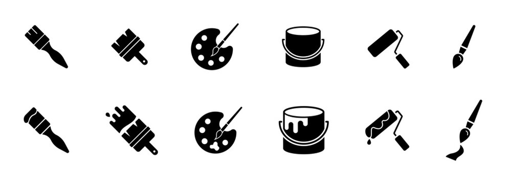 Paint icons. Painting tools solid icon set. Paintbrush, palette, roller, silhouette icons. Vector
