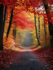 Create an nature background of a quiet forest path in autumn, lined with trees displaying vibrant fall colors of red, orange, and yellow leaves