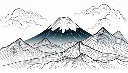 japanese line illustration of mountains landscape on a white background