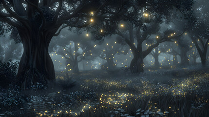 Enchanting Mystical Glade with Glowing Fireflies in Ancient Woodland