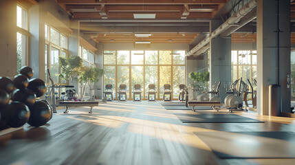 Elegant Modern Fitness Studio with Sleek Equipment and Determined Athletes Practicing High