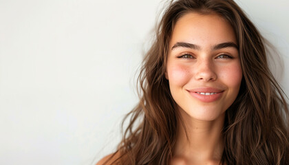Naklejka premium young happy smiling woman long brown brunet hair skin care beauty skincare cosmetics concept white background copy space 