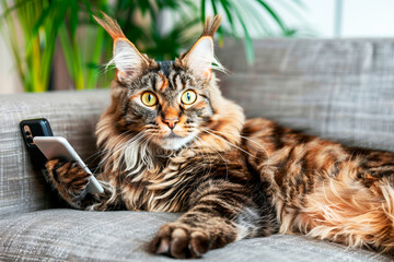 domestic cat of Maine Coon breed with phone look at camera and lies on gray sofa in apartment