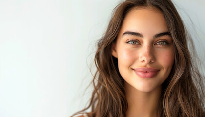 Naklejka premium young happy smiling woman long brown brunet hair skin care beauty skincare cosmetics concept white background copy space 