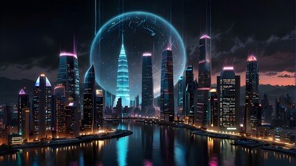A futuristic cityscape of silver and black skyscrapers nestled among the mountains, with a sea of neon lights reflecting off the water below. In the center, a giant white ball hovers, emitting a pulsi
