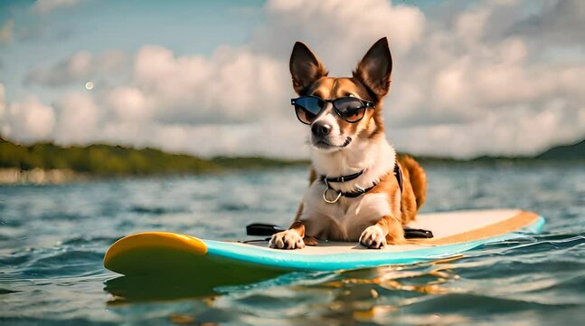 Hund mit Sonnenbrille liegt auf Surfbrett und treibt auf dem Meer