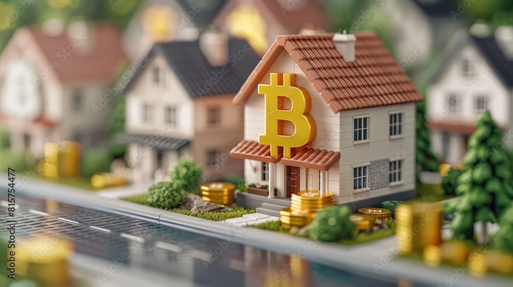 Poster 3d rendering of a suburban neighborhood with a house in the center that has a bitcoin symbol on the 
