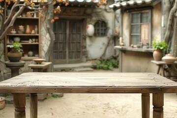 Vintage Wooden Table in Courtyard. Generative AI