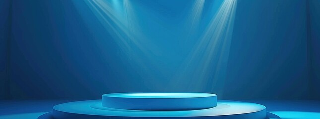 Blue podium with spotlight on platform in minimal room background.