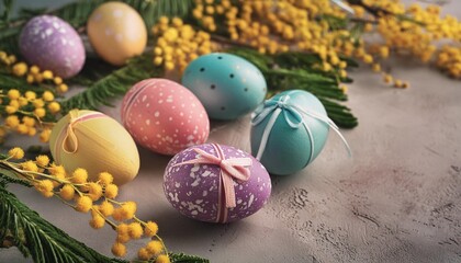 colorful easter eggs and mimosa flowers on concrete background