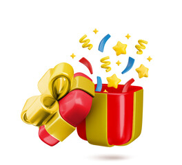 Vector Cartoon 3d festive red gift box icon. Cute realistic open present with gold bow, stars and confetti explosion. 3d render prize illustration for win concept, birthday congrats, Christmas sale