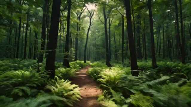 pathway in green wild forest background. woods background. hd 4k video