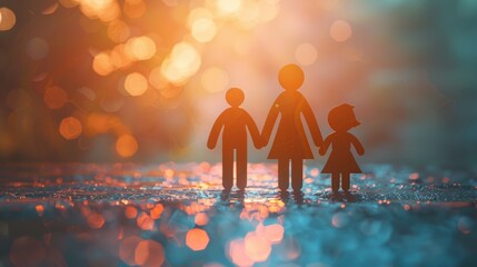 AI generated photo of a family of four holding hands in front of a blurred background of bokeh lights.