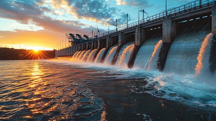energy generation from a hydroelectric dam side view capturing water flow and turbines futuristic tone vivid