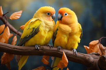 A pair of yellow lovebirds looking at each other on a tree branch with orange leaves on a dark blue background