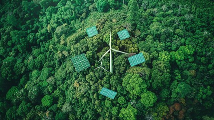 scientific research on renewable energy top view solar panels and wind turbines advanced tone vivid