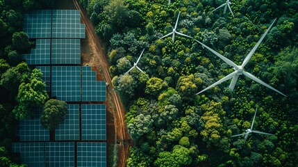 scientific research on renewable energy top view solar panels and wind turbines advanced tone vivid