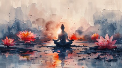 The Lotus Pose Yoga with mudra hand, watercolor painting, and abstract aura power are all combined in this space.