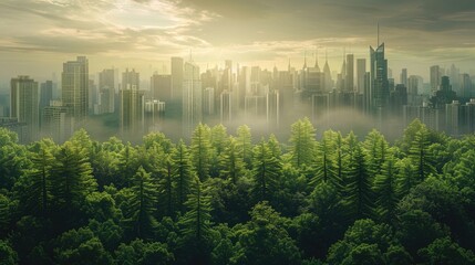 green forest slowly transitioning into an urban cityscape, symbolizing change from nature to...