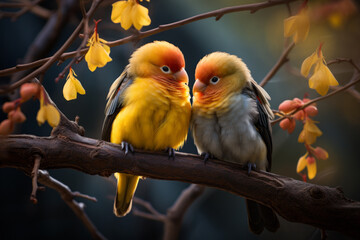 Two lovebird parrots sitting on a tree branch with yellow flowers on a dark background